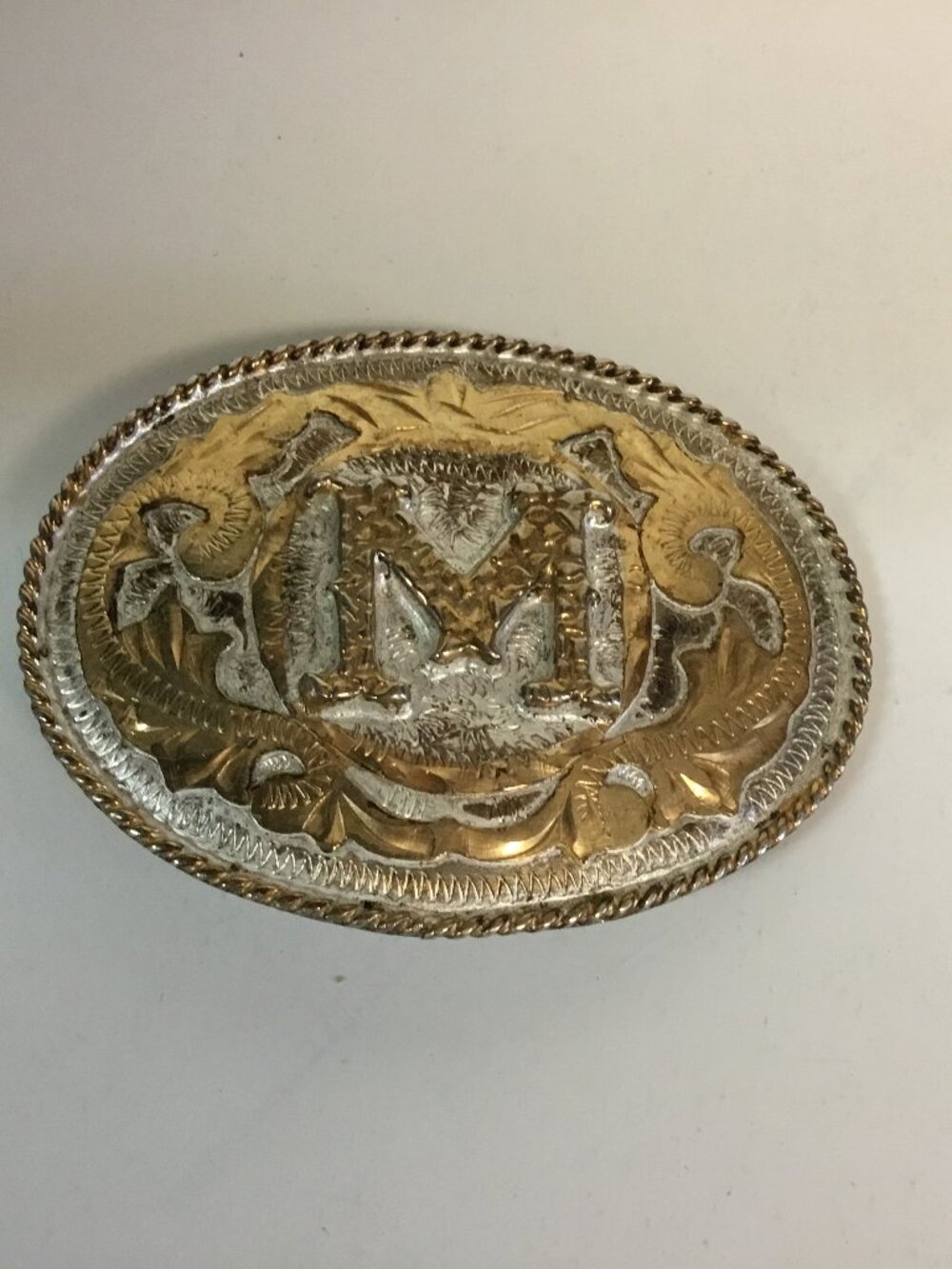 Vintage Belt Buckle Western Rodeo Alpaca Mexico Two Tone Cowboy "M"